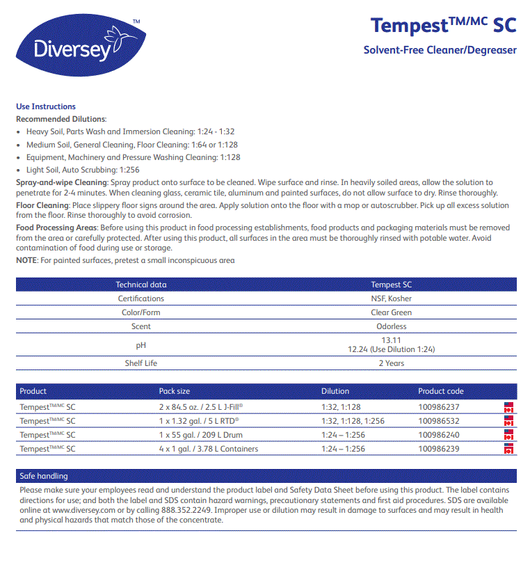 DEGREASER DIVERSEY TEMPEST SOLVENT FREE  DEREASER 4L